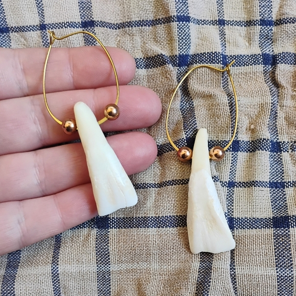 SOLD Buffalo Tooth And Brass Statement Earrings - Picture 3 of 3